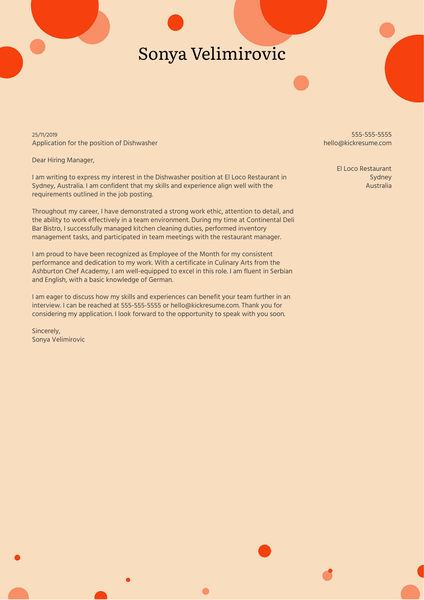 Dishwasher Cover Letter Sample