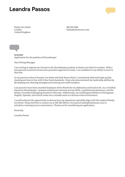 Housekeeper Cover Letter Sample