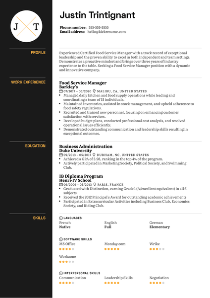 Food Service Manager Resume Example