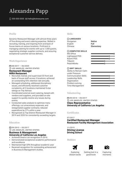 Restaurant Manager Resume Sample