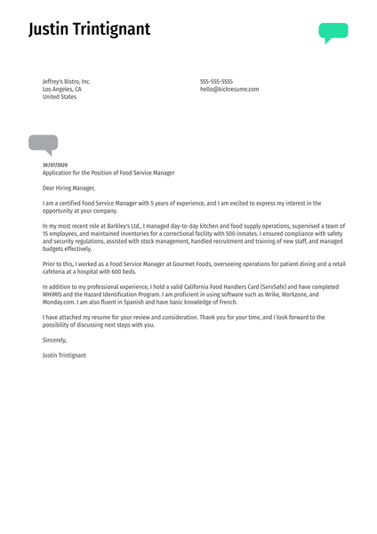 Food Service Manager Cover Letter Sample