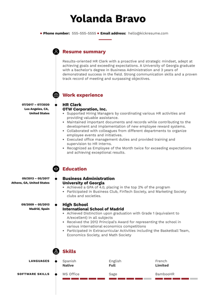 HR Clerk Resume Example
