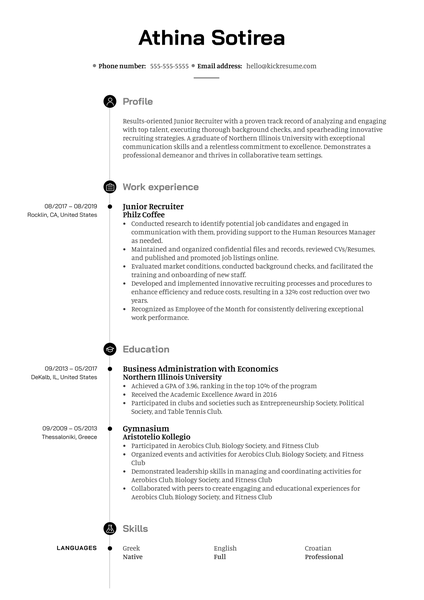 Junior Recruiter Resume Sample