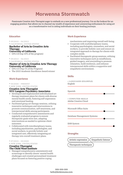 Creative Arts Therapist Resume Sample