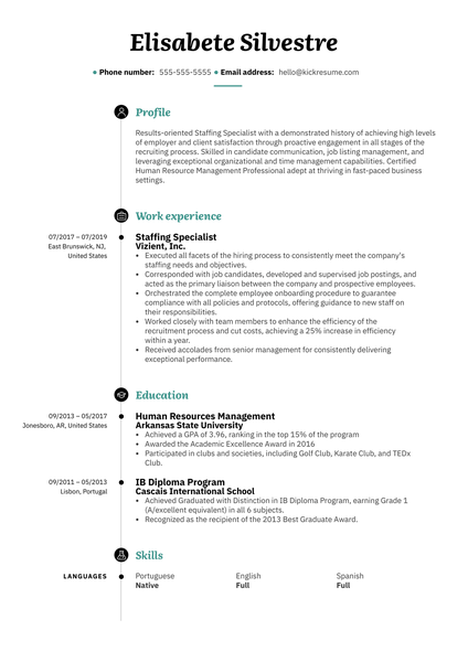 Staffing Specialist Resume Example
