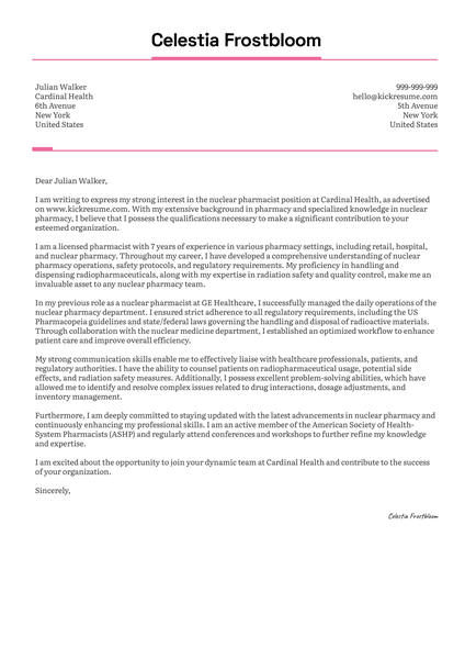 Nuclear Pharmacist Cover Letter Sample