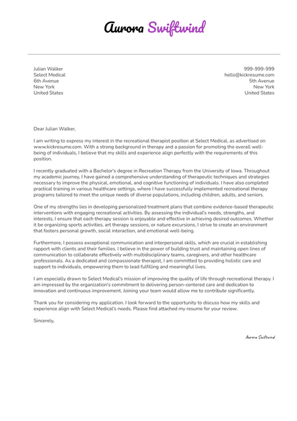Recreational Therapist Cover Letter Sample