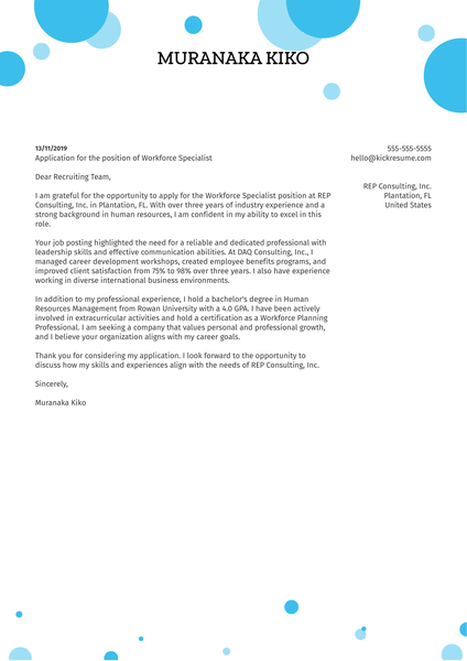 Workforce Specialist Cover Letter Example