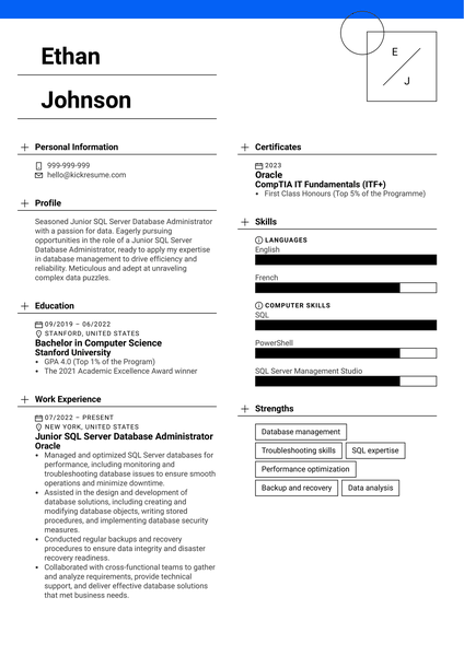 Junior SQL Server Database Administrator Resume Sample