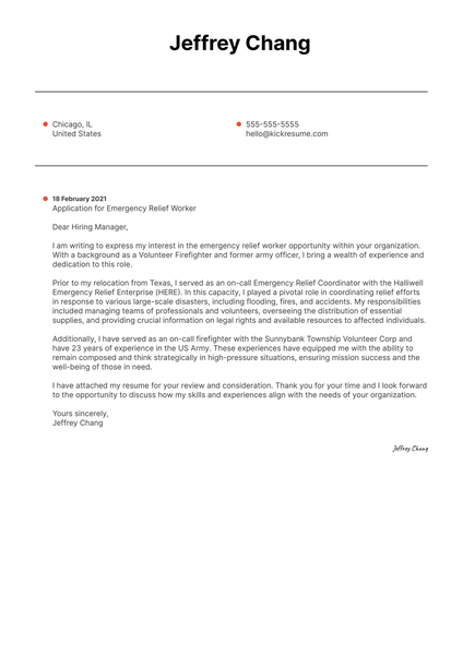 Emergency Relief Worker Cover Letter Sample