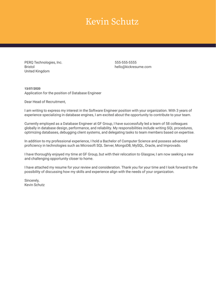 Database Engineer Cover Letter Example