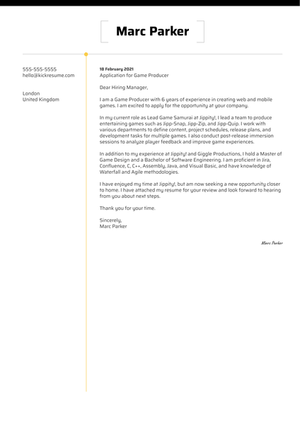 Game Producer Cover Letter Sample