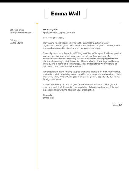 Couples Counselor Cover Letter Example