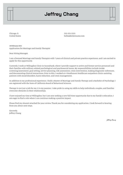 Marriage and Family Therapist Cover Letter Sample