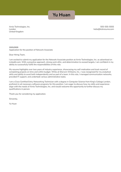 Network Associate Cover Letter Example