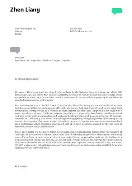 Technical Support Engineer Cover Letter Example