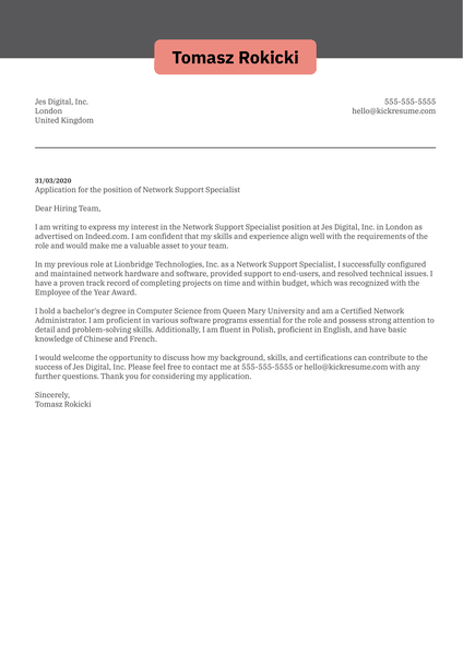 Network Support Specialist Cover Letter Example