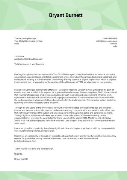Marketing and Brand Manager Cover Letter Sample