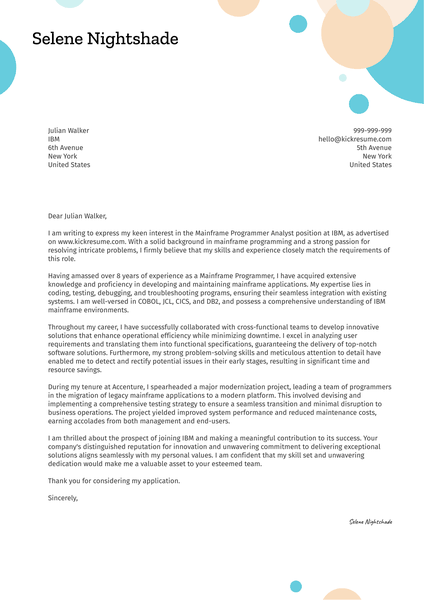 Mainframe Programmer Analyst Cover Letter Sample