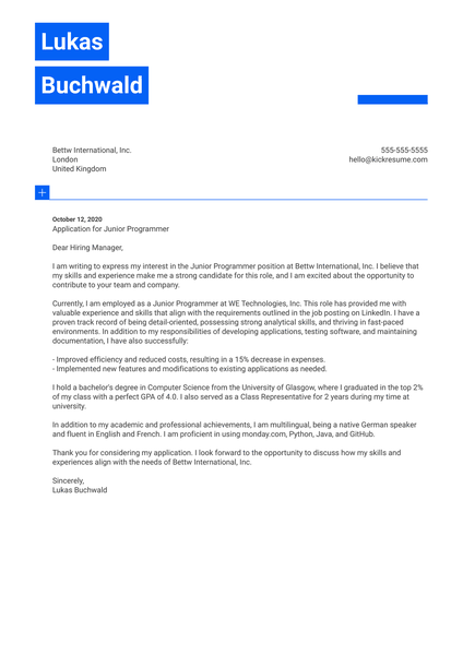 Junior Programmer Cover Letter Example
