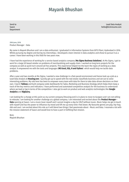 Lead Data Analyst Cover Letter Sample