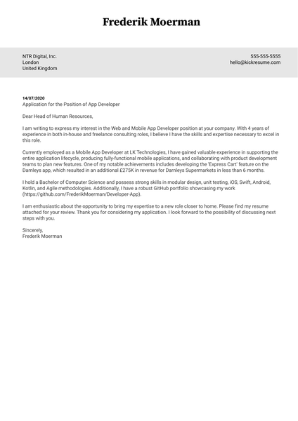 App Developer Cover Letter Example