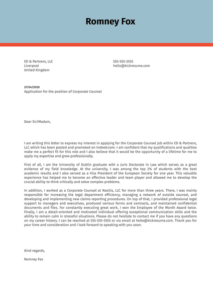 Corporate Counsel Cover Letter Sample