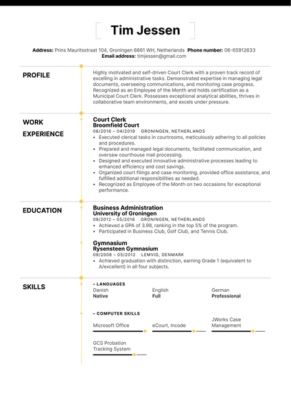 Court Clerk Resume Sample