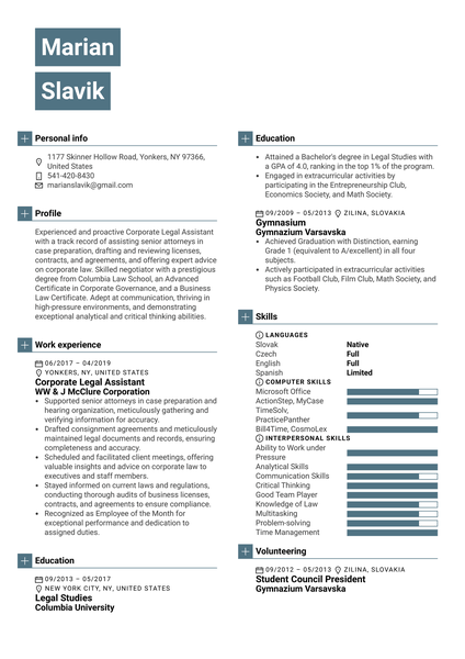Corporate Legal Assistant Resume Sample