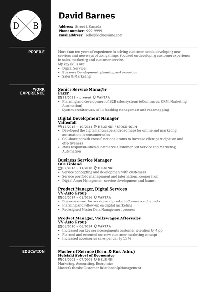 Senior Service Manager at Fazer Resume Sample