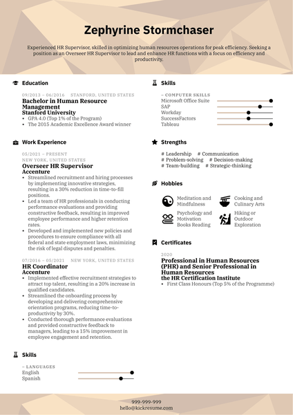 Overseer HR Supervisor Resume Sample