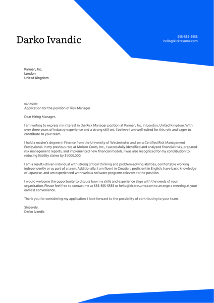 Risk Manager Cover Letter Example