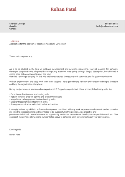 Sheridan College	Teacher's Assistant - Java Intern Cover Letter Example