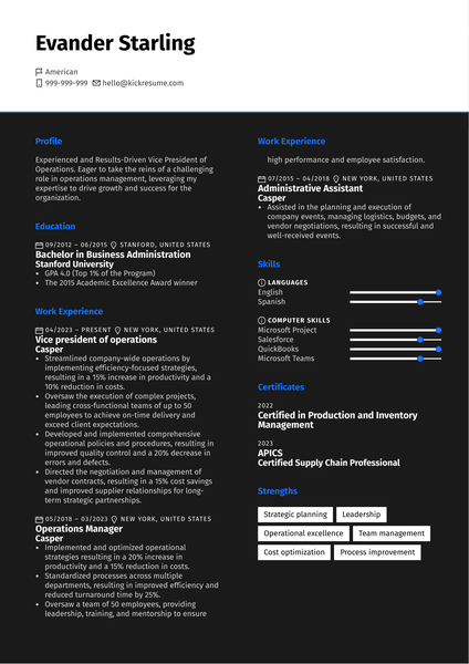 Vice President of Operations Resume Sample