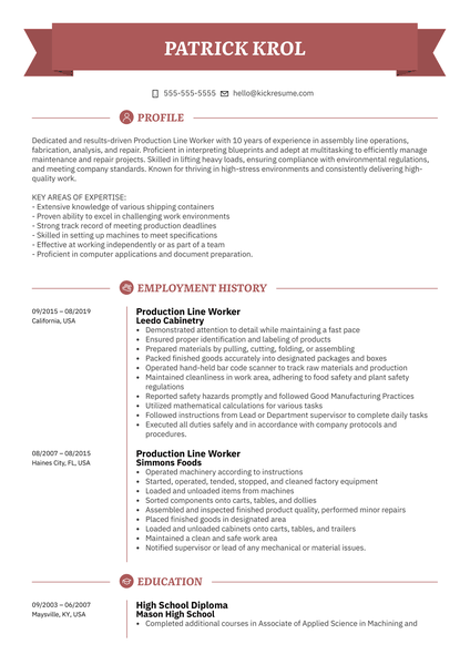 Production Line Worker Resume Example