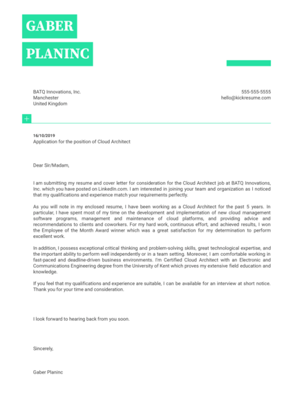 Cloud Architect Cover Letter Template