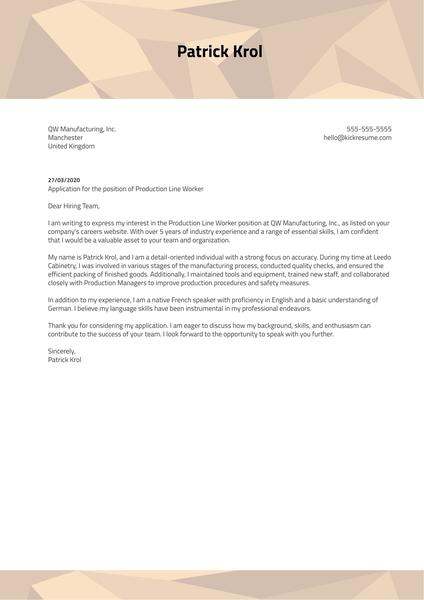 Production Line Worker Cover Letter Sample