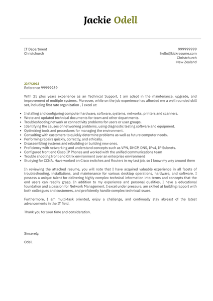Sr. Technical Support Specialist Cover Letter