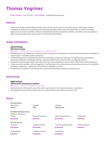 Metal Worker Resume Example