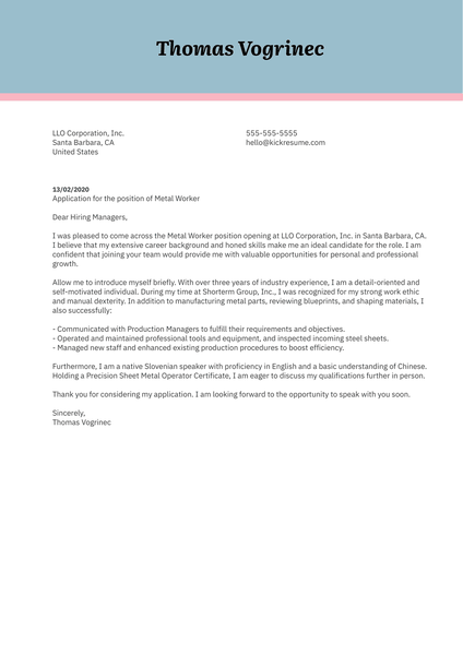 Metal Worker Cover Letter Example