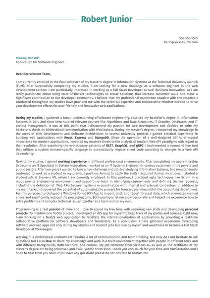 Software Engineer at Volkswagen Cover Letter Sample
