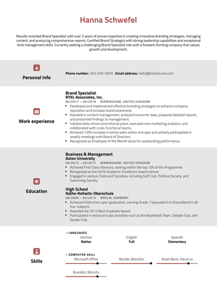 Brand Specialist Resume Sample