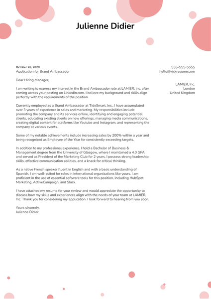 Brand Ambassador Cover Letter Sample