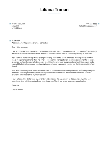 Brand Consultant Cover Letter Example