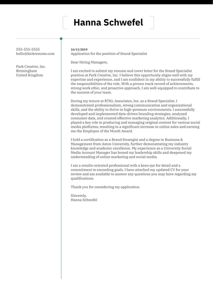 Brand Specialist Cover Letter Example