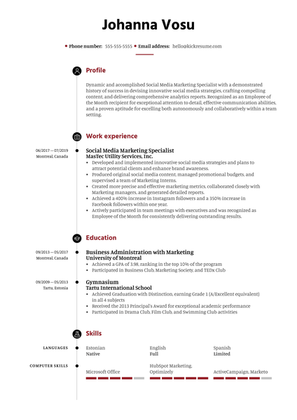 Social Media Marketing Specialist Resume Example