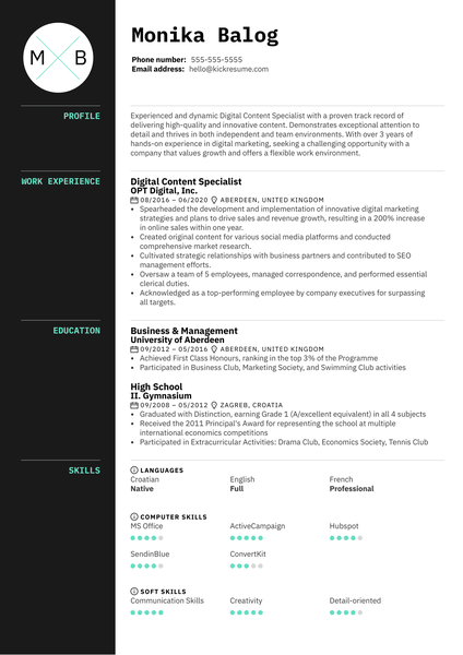 Digital Content Specialist Resume Example