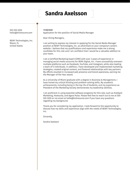 Social Media Manager Cover Letter Example