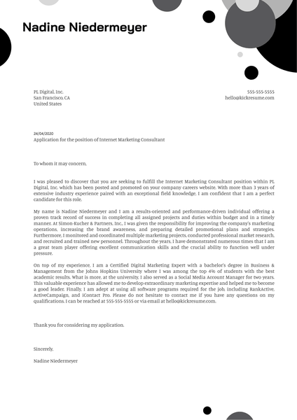 Internet Marketing Consultant Cover Letter Example