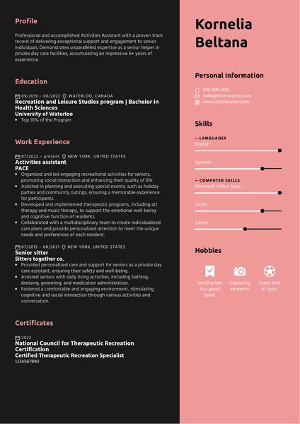 Activities Assistant Resume Sample